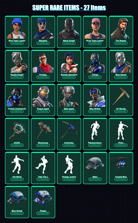 [PS4/PS5/PC] | Blue Team Leader | Warpaint | Black Knight | Rose Team Leader | The Reaper | 137 skin | 117 pickaxe | 122 emote | 117 glider | Lv1441