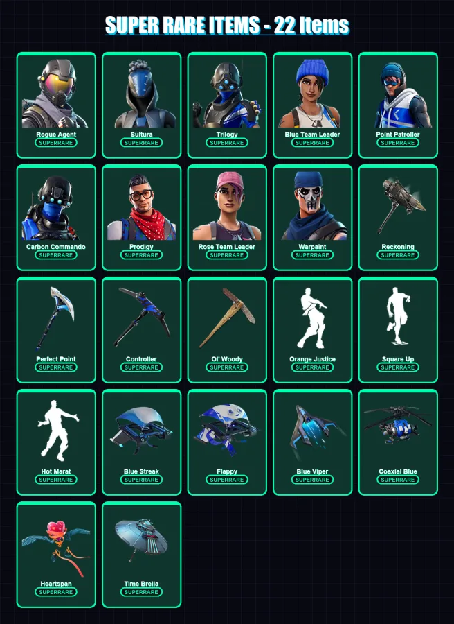 [PS4/PS5/XBOX/PC] | Rogue Agent | Sultura | Trilogy | Blue Team Leader | Point Patroller | 155 skin | 193 pickaxe | 159 emote | 166 glider | Lv2369