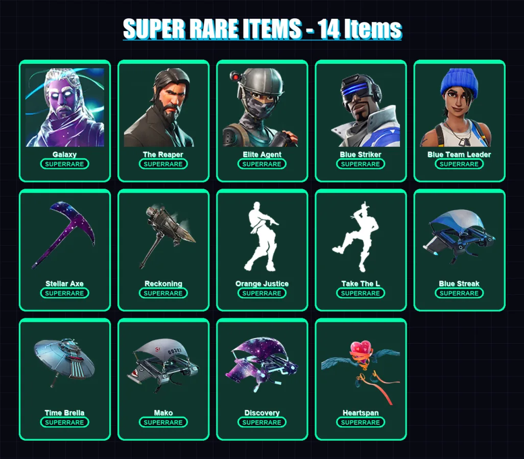 [PS4/PS5/XBOX/PC] | Galaxy | The Reaper | Elite Agent | Blue Striker | Blue Team Leader | 67 skin | 100 pickaxe | 102 emote | 109 glider | Lv1793
