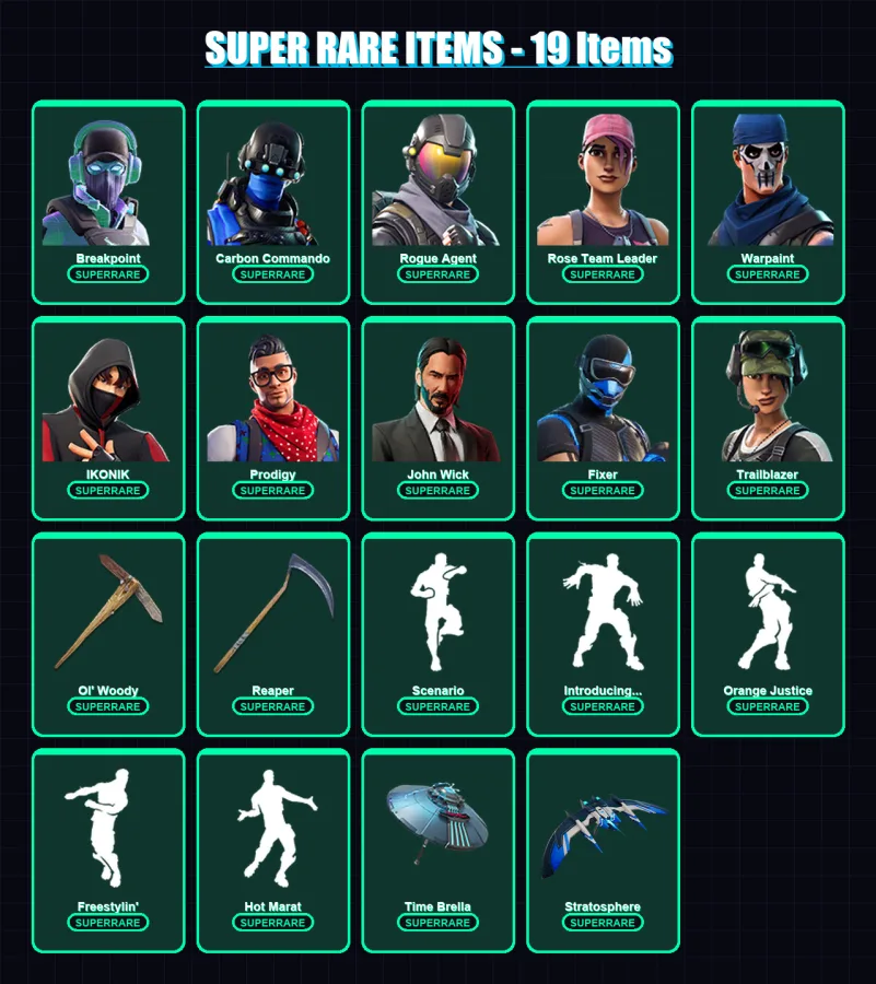 [PC/XBOX] | Breakpoint | Carbon Commando | Rogue Agent | Rose Team Leader | Warpaint | 86 skin | 95 pickaxe | 109 emote | 93 glider | Lv1304