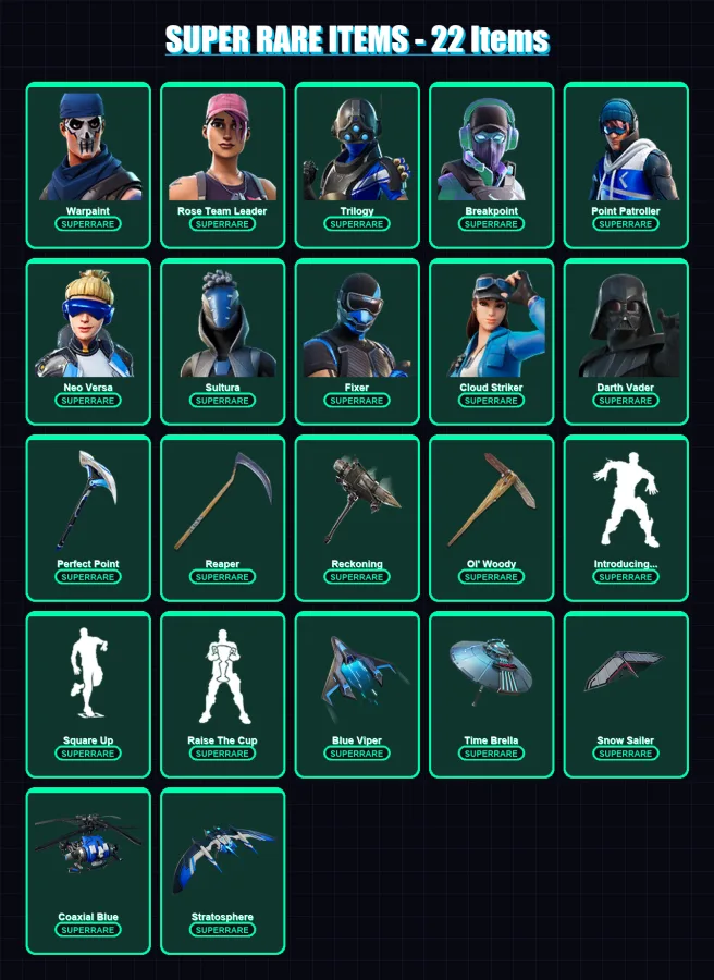 [PS4/PS5/XBOX/PC] | Warpaint | Rose Team Leader | Trilogy | Breakpoint | Point Patroller | 205 skin | 212 pickaxe | 159 emote | 197 glider | Lv2511