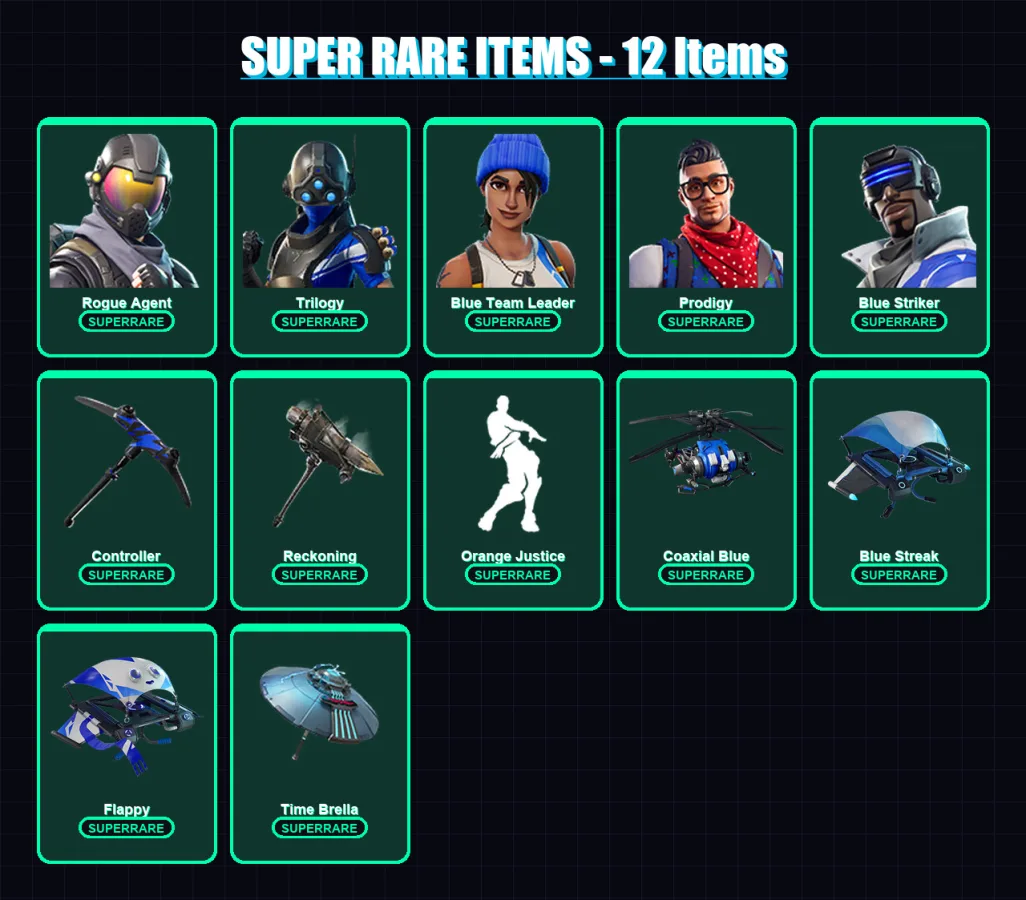 [PC/XBOX] | Rogue Agent | Trilogy | Blue Team Leader | Prodigy | Blue Striker | 61 skin | 52 pickaxe | 58 emote | 75 glider | Lv913
