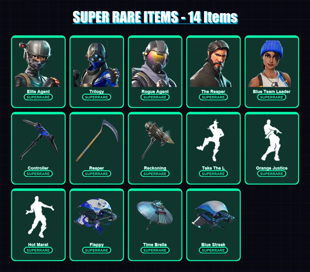 [PC/XBOX] | Elite Agent | Trilogy | Rogue Agent | The Reaper | Blue Team Leader | 50 skin | 36 pickaxe | 44 emote | 47 glider | Lv655