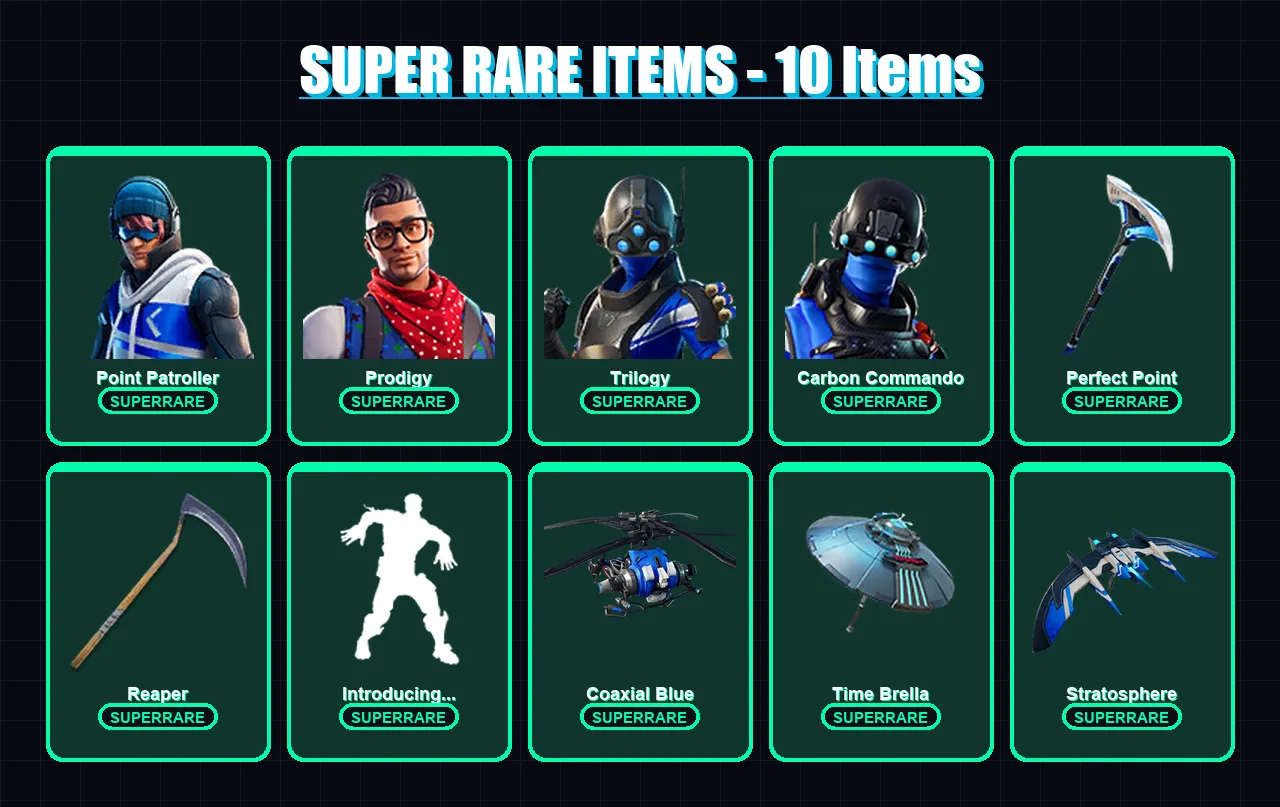 [PS4/PS5/XBOX/PC] | Point Patroller | Prodigy | Trilogy | Carbon Commando | Zenith | 90 skin | 124 pickaxe | 86 emote | 114 glider | Lv1839