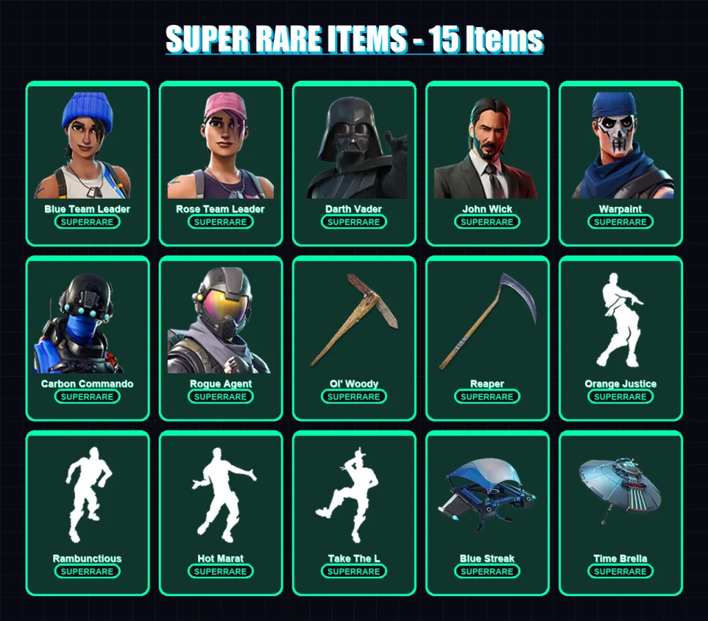[PC] | Blue Team Leader | Rose Team Leader | Darth Vader | John Wick | Warpaint | 177 skin | 196 pickaxe | 178 emote | 146 glider | Lv1895