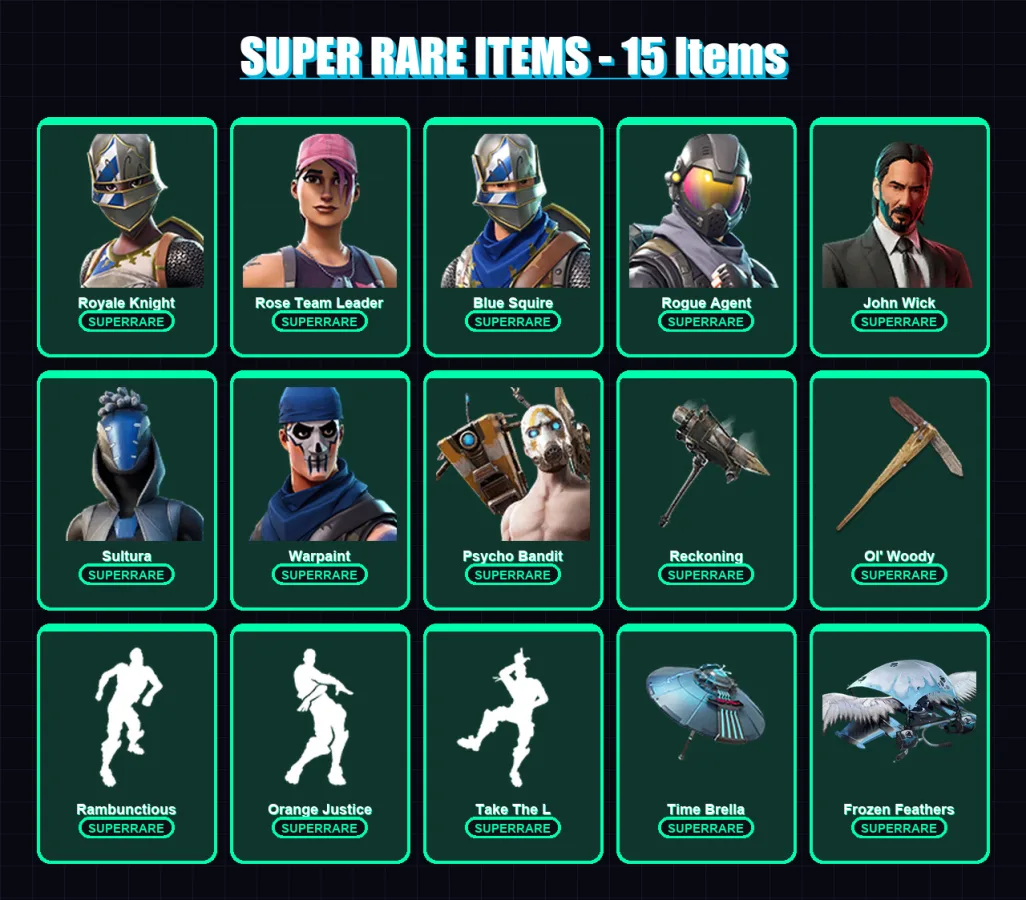 [PC/XBOX] | Royale Knight | Rose Team Leader | Blue Squire | Rogue Agent | John Wick | 107 skin | 80 pickaxe | 101 emote | 80 glider | Lv969