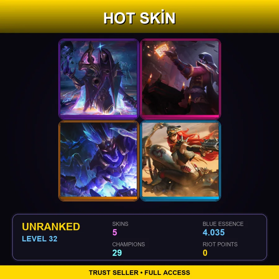 EUW | Dark Cosmic Jhin | Blood Moon Twisted Fate | Worldbreaker Nasus | Road Warrior Miss Fortune | 5 Skin | 29 Champ | Lv32