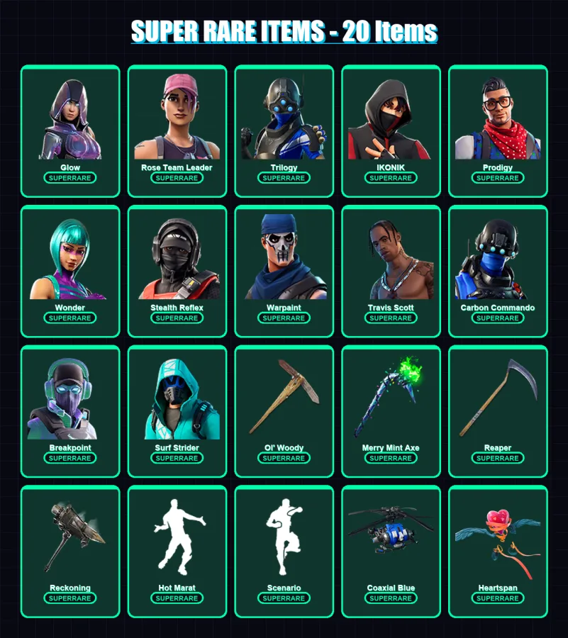 [PC/XBOX/PSN] | Glow | Rose Team Leader | Trilogy | IKONIK | Prodigy | 150 skin | 119 pickaxe | 125 emote | 114 glider | Lv1352