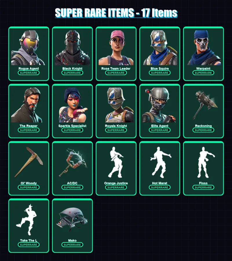 [PC/XBOX/PSN] | Rogue Agent | Black Knight | Rose Team Leader | Blue Squire | Warpaint | 83 skin | 60 pickaxe | 70 emote | 75 glider | Lv1246