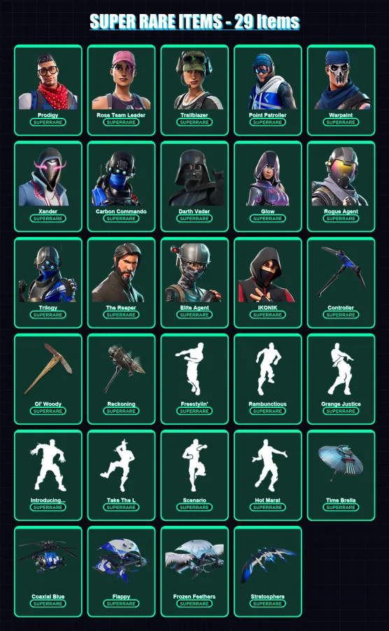 [PC/XBOX] | Prodigy | Rose Team Leader | Trailblazer | Point Patroller | Warpaint | 243 skin | 226 pickaxe | 219 emote | 190 glider | Lv2412