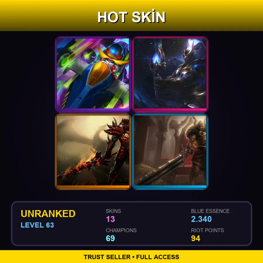 BR | Arcade Corki | Cosmic Defender Xin Zhao | Dragonslayer Jarvan IV | Viking Tryndamere | 13 Skin | 69 Champ | Lv63