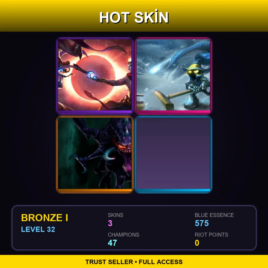 EUW | Lv32 | Bronze I | 3 Skin | 47 Champ — LoL account