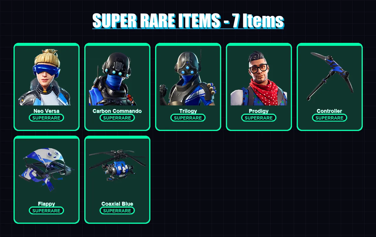 [PC/XBOX] | Neo Versa | Carbon Commando | Trilogy | Prodigy | Sentinel | 19 skin | 21 pickaxe | 25 emote | 27 glider | Lv319