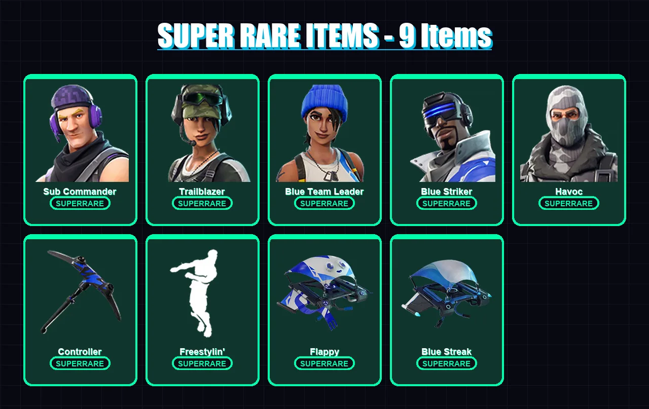[PS4/PS5/XBOX/PC] | Sub Commander | Trailblazer | Blue Team Leader | Blue Striker | Havoc | 5 skin | 4 pickaxe | 4 emote | 7 glider | Lv66