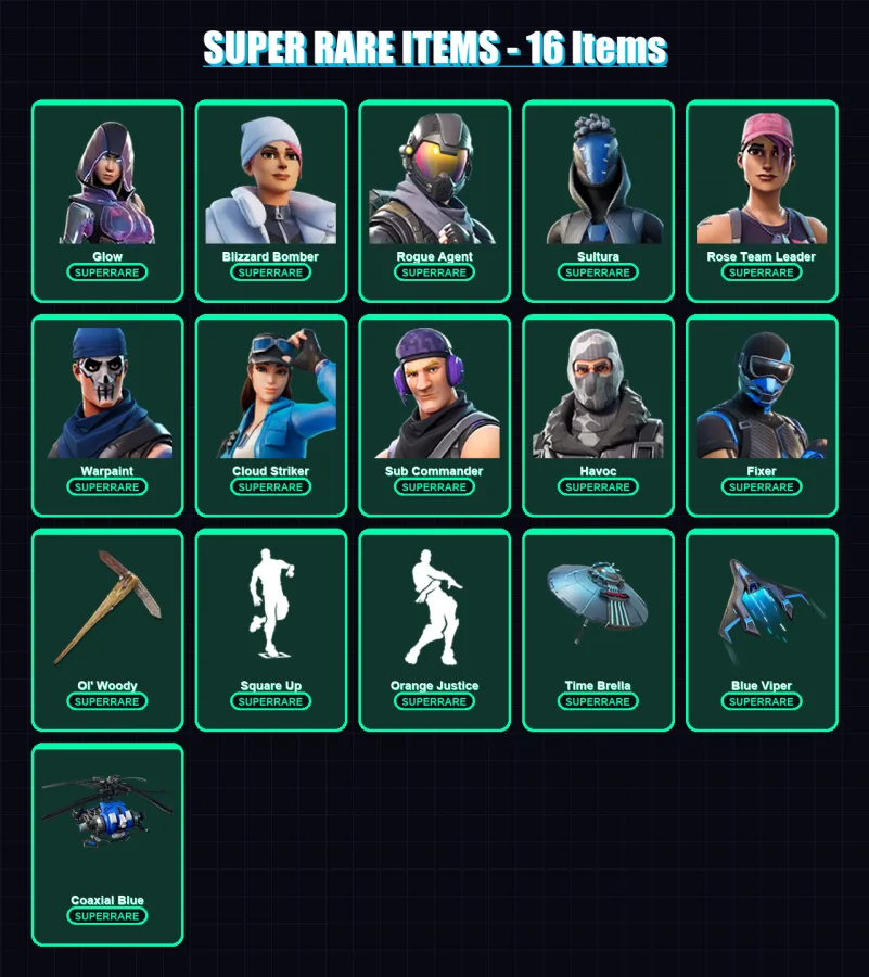 [PS4/PS5/XBOX/PC] | Glow | Blizzard Bomber | Rogue Agent | Sultura | Rose Team Leader | 172 skin | 198 pickaxe | 173 emote | 156 glider | Lv1875