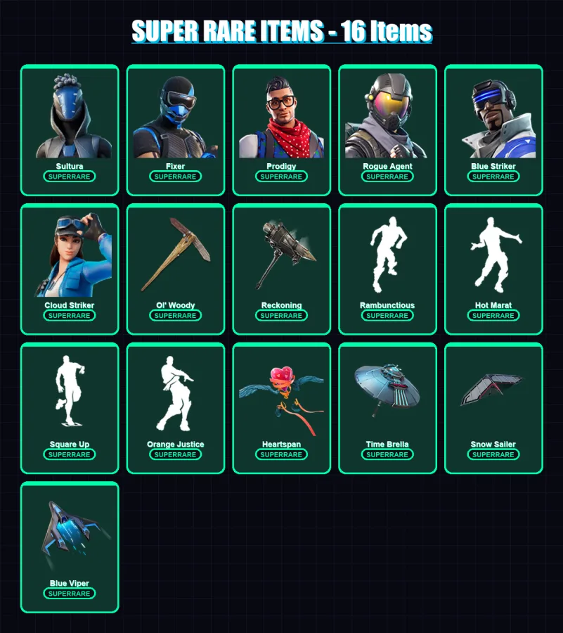 [PS4/PS5/XBOX/PC] | Sultura | Fixer | Prodigy | Rogue Agent | Blue Striker | 157 skin | 199 pickaxe | 183 emote | 172 glider | Lv2615