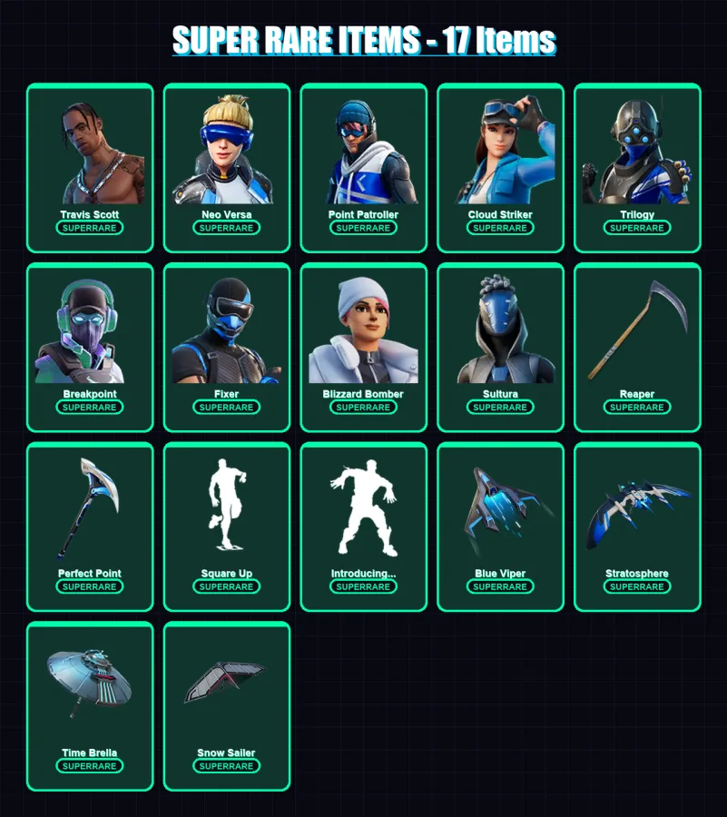 [PS4/PS5/XBOX/PC] | Travis Scott | Neo Versa | Point Patroller | Cloud Striker | Trilogy | 146 skin | 185 pickaxe | 162 emote | 130 glider | Lv2001
