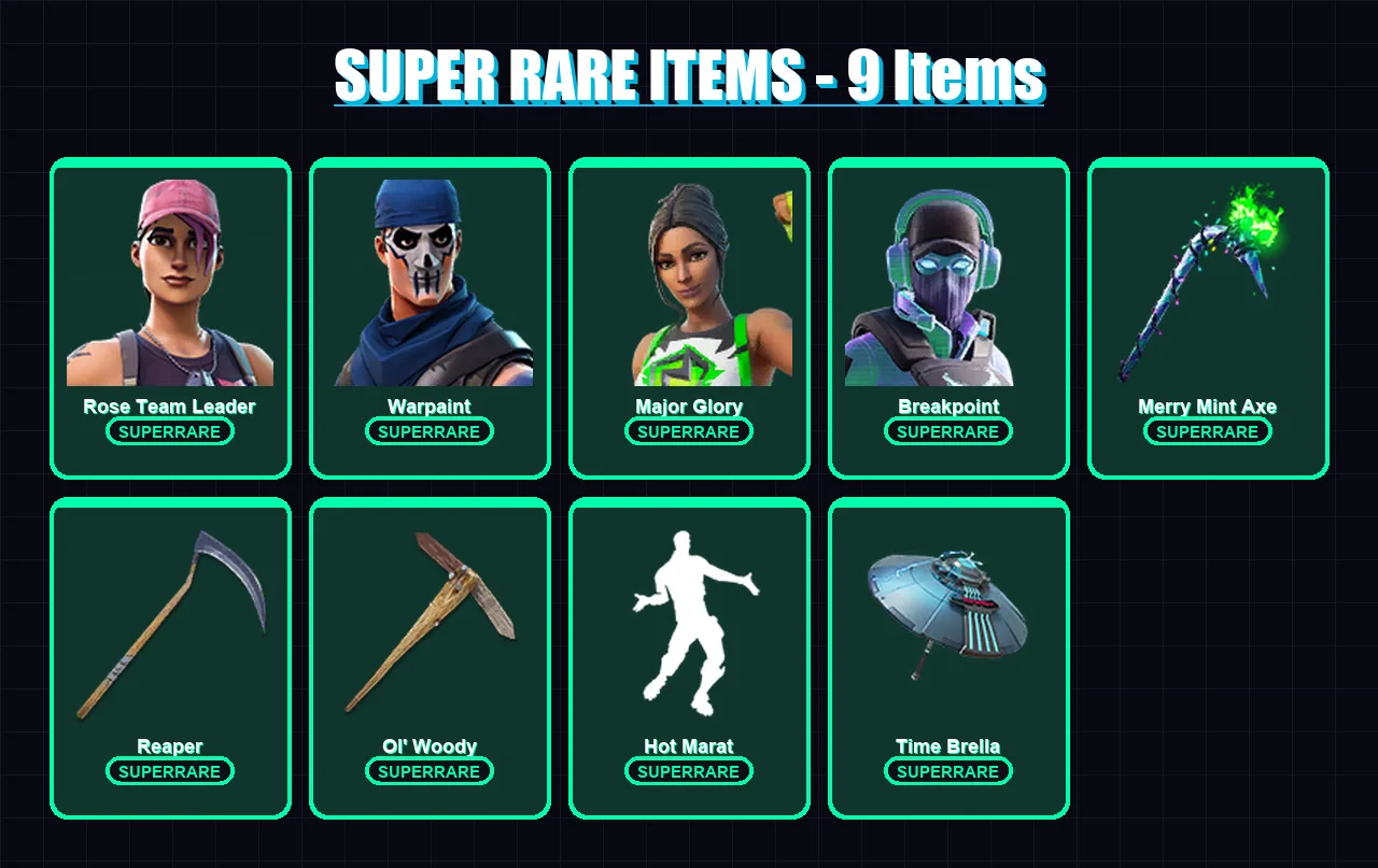 [PC] | Rose Team Leader | Warpaint | Major Glory | Breakpoint | Spire Assassin | 187 skin | 226 pickaxe | 159 emote | 187 glider | Lv3089