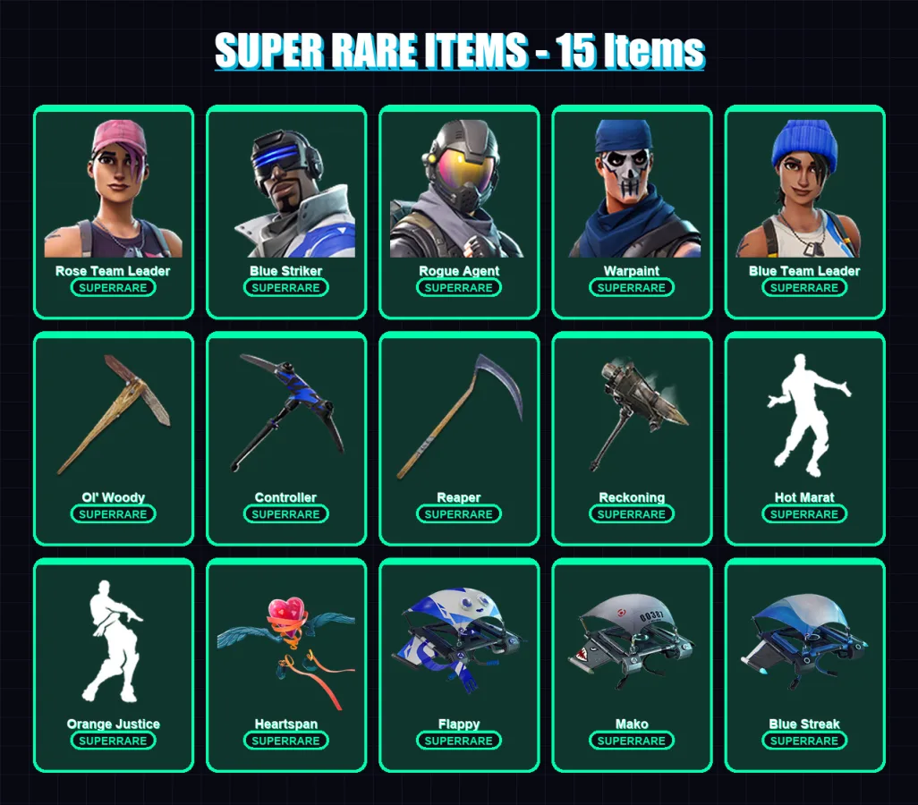 [PC/XBOX] | Rose Team Leader | Blue Striker | Rogue Agent | Warpaint | Blue Team Leader | 78 skin | 59 pickaxe | 84 emote | 62 glider | Lv695