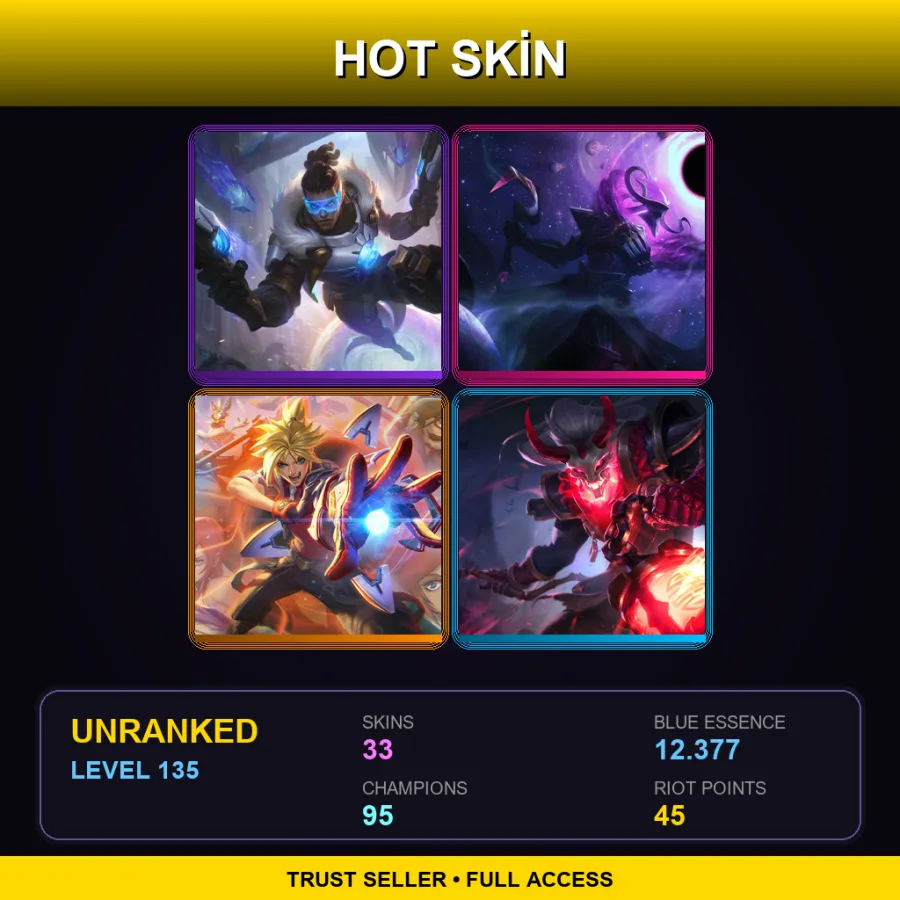 LAS | Lv135 | Unranked | 33 Skin | 95 Champ — LoL account