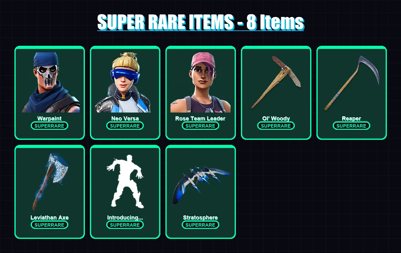 [PC/XBOX/PSN] | Warpaint | Neo Versa | Rose Team Leader | Fade | Blackheart | 78 skin | 111 pickaxe | 92 emote | 98 glider | Lv1561