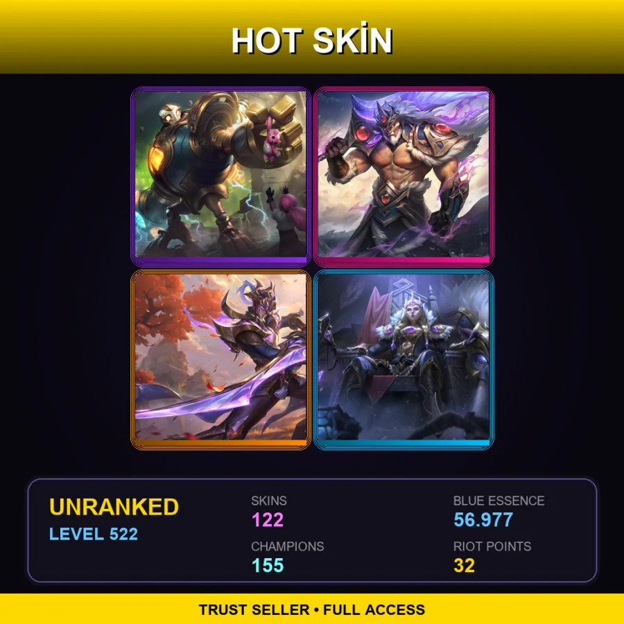 EUNE | Lv522 | Unranked | 122 Skin | 155 Champ — LoL account