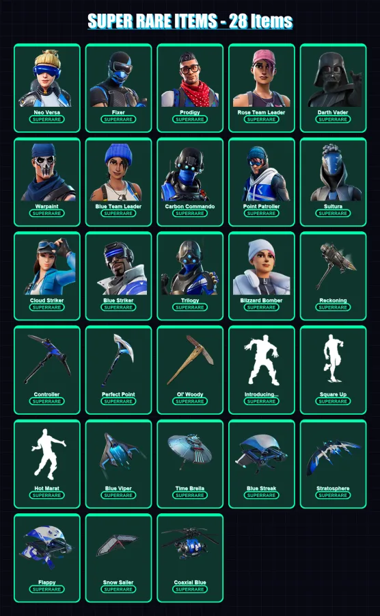 [PS4/PS5/PC] | Neo Versa | Fixer | Prodigy | Rose Team Leader | Darth Vader | 281 skin | 274 pickaxe | 220 emote | 219 glider | Lv2306