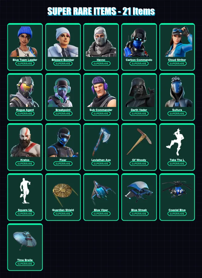 [PC] | Blue Team Leader | Blizzard Bomber | Havoc | Carbon Commando | Cloud Striker | 333 skin | 318 pickaxe | 218 emote | 219 glider | Lv3155