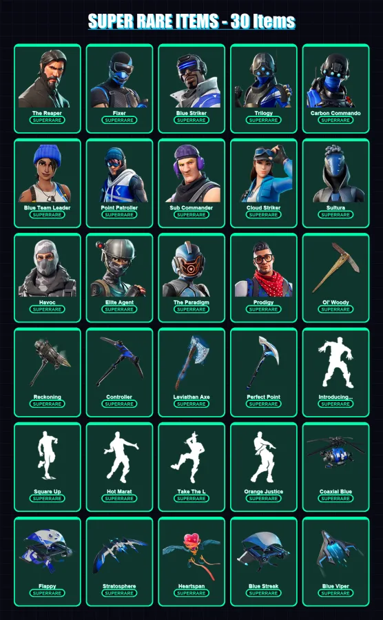 [PC/XBOX/PSN] | The Reaper | Fixer | Blue Striker | Trilogy | Carbon Commando | 264 skin | 228 pickaxe | 204 emote | 176 glider | Lv2004