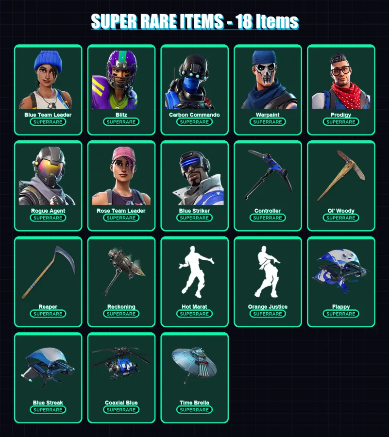 [PS4/PS5/XBOX/PC] | Blue Team Leader | Blitz | Carbon Commando | Warpaint | Prodigy | 95 skin | 73 pickaxe | 103 emote | 70 glider | Lv814