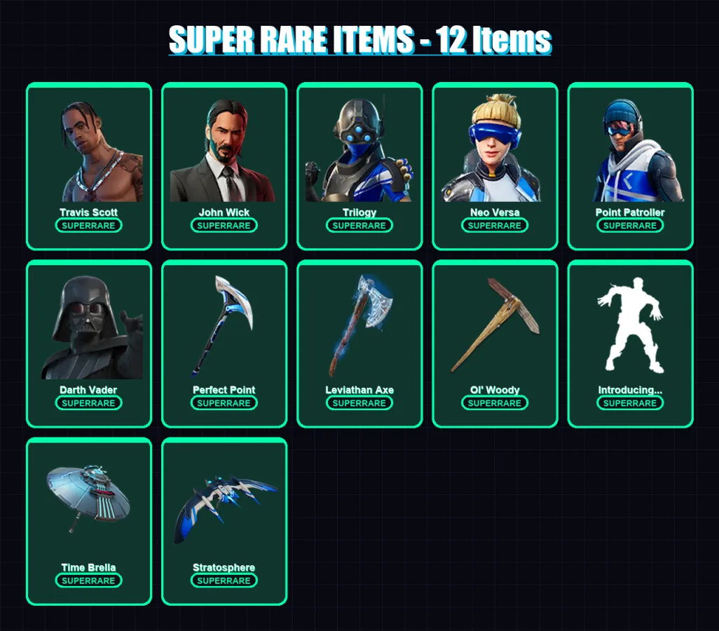 [PS4/PS5/XBOX/PC] | Travis Scott | John Wick | Trilogy | Neo Versa | Point Patroller | 321 skin | 343 pickaxe | 231 emote | 196 glider | Lv3260