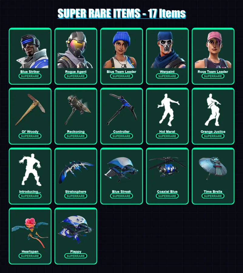 [PC/XBOX] | Blue Striker | Rogue Agent | Blue Team Leader | Warpaint | Rose Team Leader | 158 skin | 186 pickaxe | 148 emote | 161 glider | Lv2119