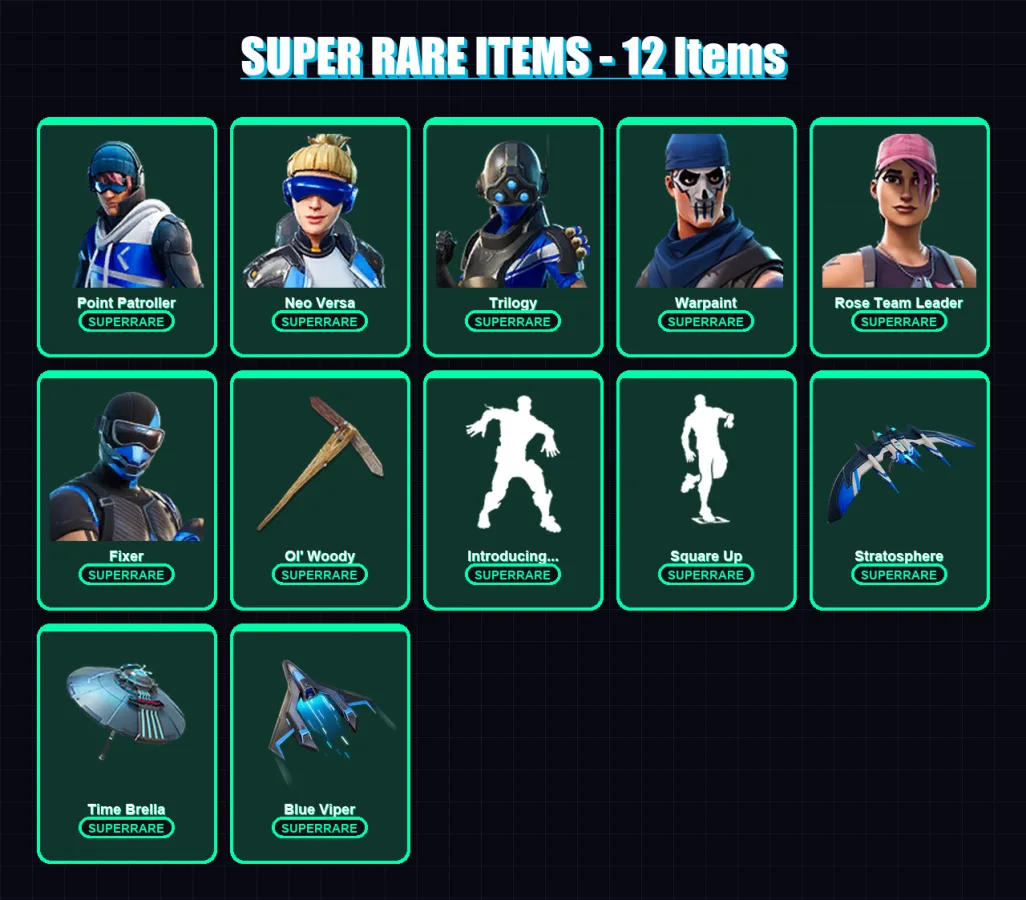 [PC/XBOX] | Point Patroller | Neo Versa | Trilogy | Warpaint | Rose Team Leader | 92 skin | 101 pickaxe | 90 emote | 80 glider | Lv1218