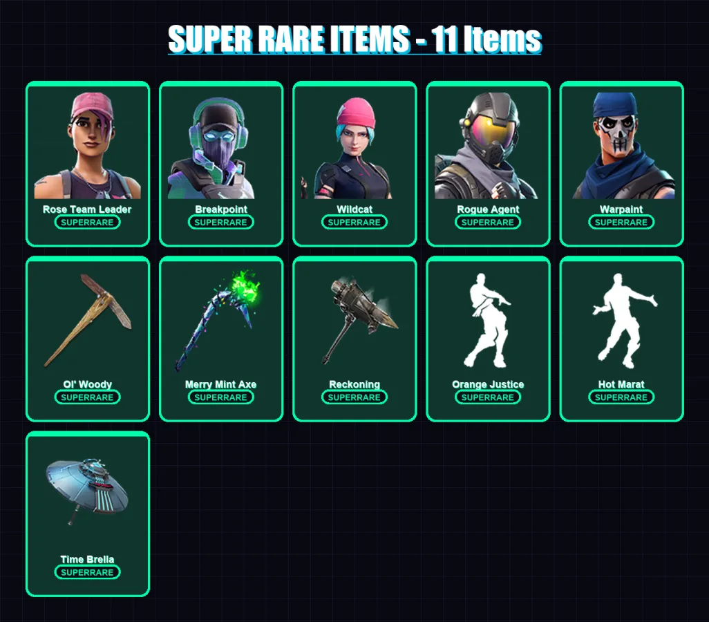 [PC] | Rose Team Leader | Breakpoint | Wildcat | Rogue Agent | Warpaint | 198 skin | 179 pickaxe | 145 emote | 147 glider | Lv1782