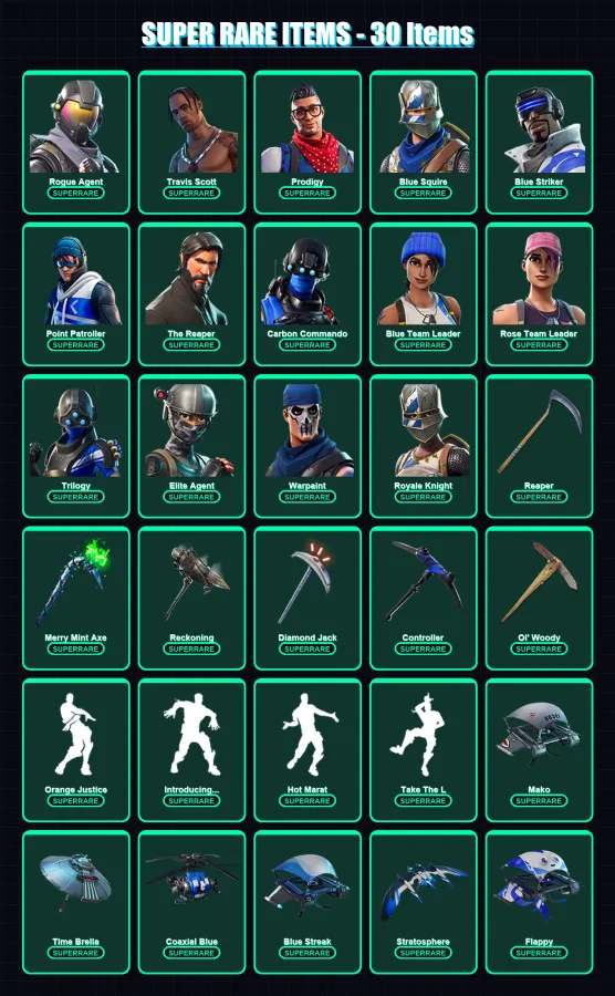 [PC] | Rogue Agent | Travis Scott | Prodigy | Blue Squire | Blue Striker | 175 skin | 148 pickaxe | 151 emote | 145 glider | Lv1769