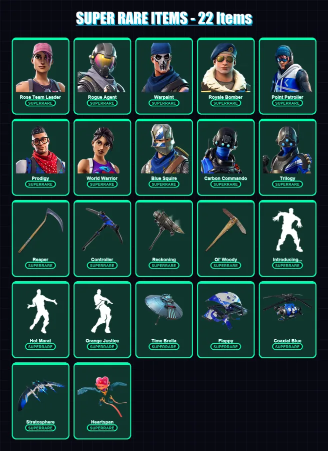 [PS4/PS5/PC] | Rose Team Leader | Rogue Agent | Warpaint | Royale Bomber | Point Patroller | 88 skin | 76 pickaxe | 77 emote | 83 glider | Lv1250