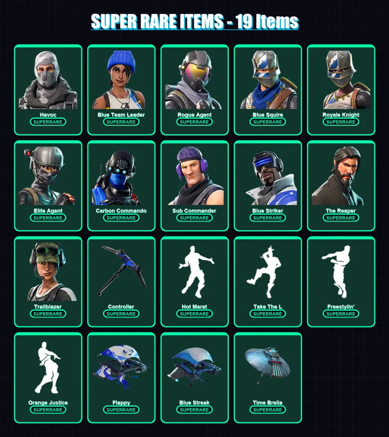 [PS4/PS5/XBOX/PC] | Havoc | Blue Team Leader | Rogue Agent | Blue Squire | Royale Knight | 32 skin | 22 pickaxe | 30 emote | 26 glider | Lv400