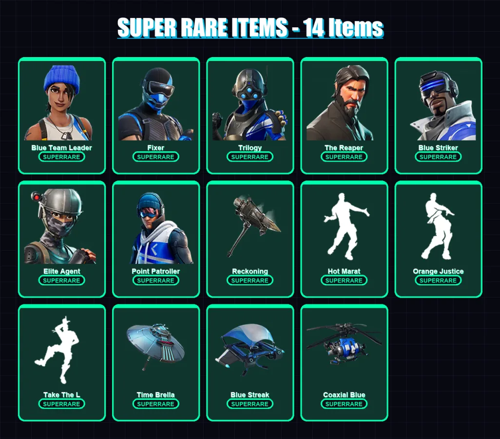 [PS4/PS5/XBOX/PC] | Blue Team Leader | Fixer | Trilogy | The Reaper | Blue Striker | 34 skin | 26 pickaxe | 43 emote | 39 glider | Lv655