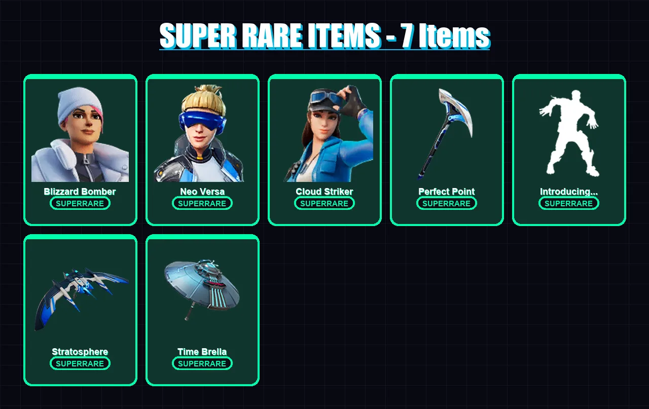 [PS4/PS5/XBOX/PC] | Blizzard Bomber | Neo Versa | Cloud Striker | Zeus | Spectra Knight | 55 skin | 70 pickaxe | 53 emote | 64 glider | Lv809