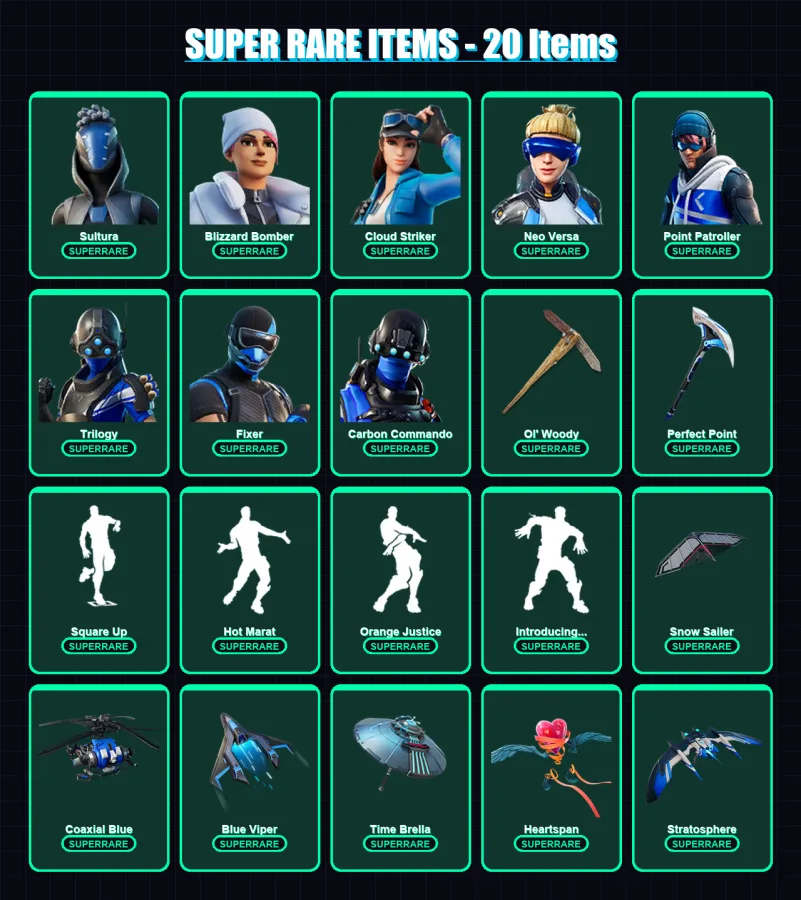 [PS4/PS5/XBOX/PC] | Sultura | Blizzard Bomber | Cloud Striker | Neo Versa | Point Patroller | 145 skin | 178 pickaxe | 133 emote | 140 glider | Lv16