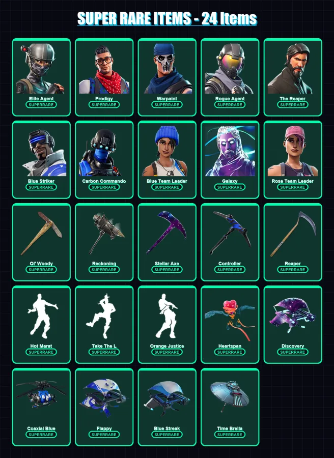 [PS4/PS5/XBOX/PC] | Elite Agent | Prodigy | Warpaint | Rogue Agent | The Reaper | 126 skin | 162 pickaxe | 150 emote | 155 glider | Lv2416