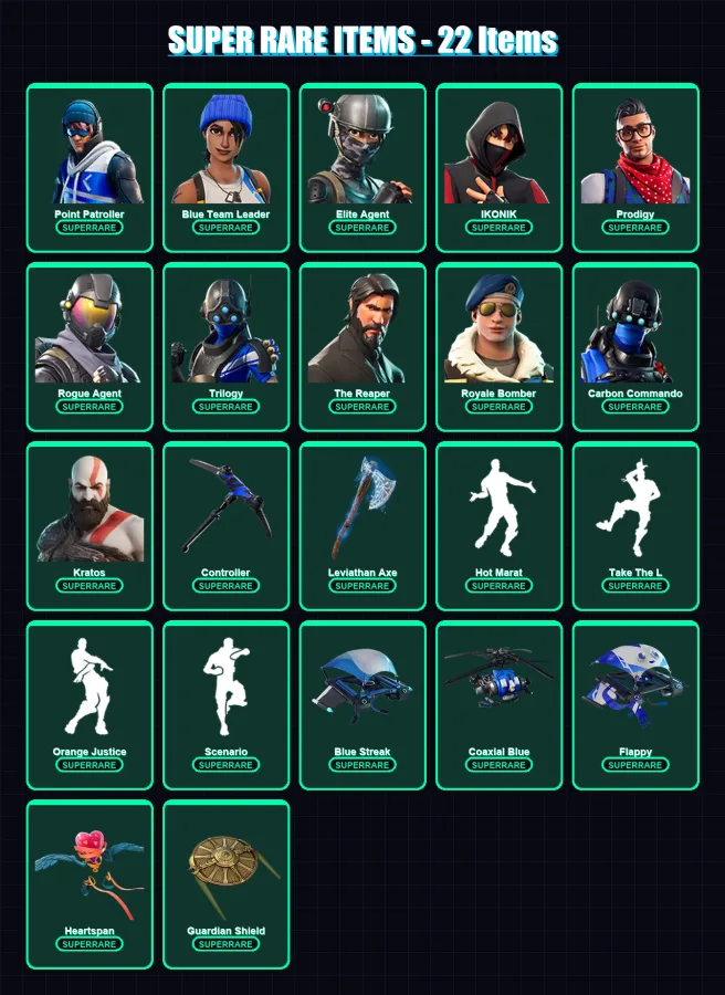 [PS4/PS5/XBOX/PC] | Point Patroller | Blue Team Leader | Elite Agent | IKONIK | Prodigy | 85 skin | 69 pickaxe | 110 emote | 74 glider | Lv1007