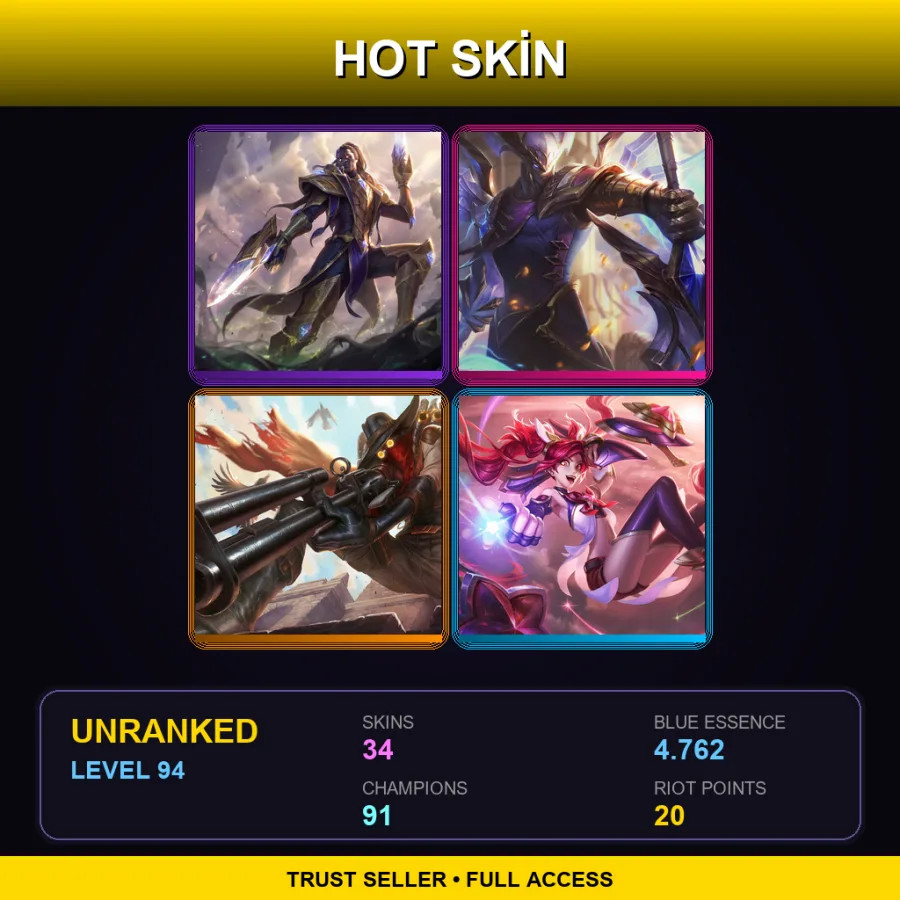 LAS | Lv94 | Unranked | 34 Skin | 91 Champ — LoL account