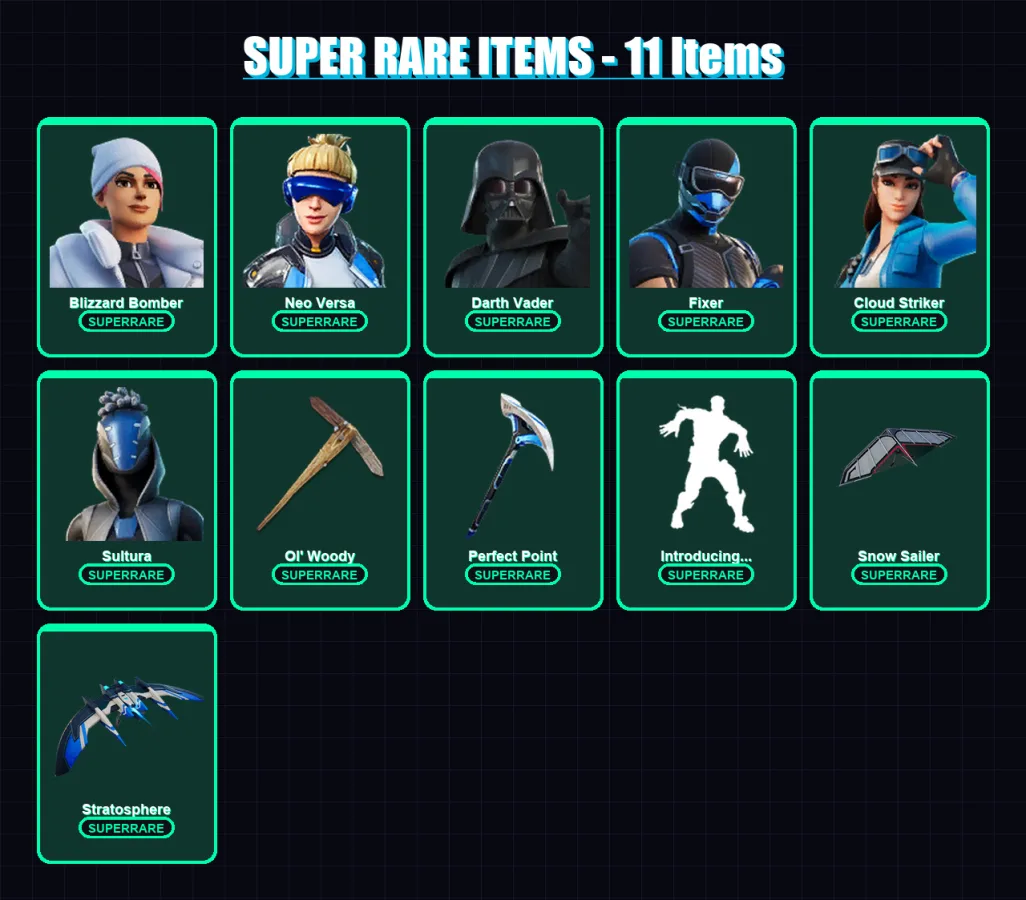 [PS4/PS5/XBOX/PC] | Blizzard Bomber | Neo Versa | Darth Vader | Fixer | Cloud Striker | 93 skin | 131 pickaxe | 93 emote | 117 glider | Lv2346
