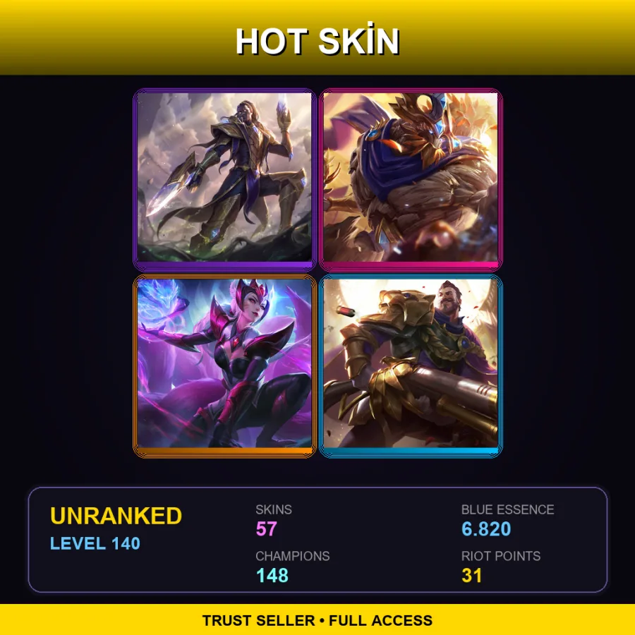 LAN | Lv140 | Unranked | 57 Skin | 148 Champ — LoL account
