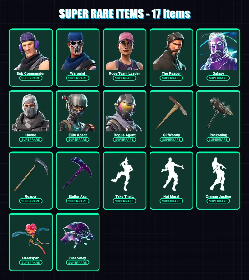 [PC] | Sub Commander | Warpaint | Rose Team Leader | The Reaper | Galaxy | 96 skin | 135 pickaxe | 105 emote | 102 glider | Lv1523