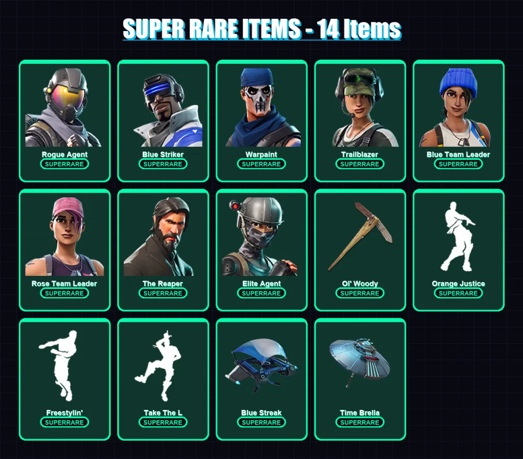 [PC] | Rogue Agent | Blue Striker | Warpaint | Trailblazer | Blue Team Leader | 29 skin | 34 pickaxe | 35 emote | 31 glider | Lv348