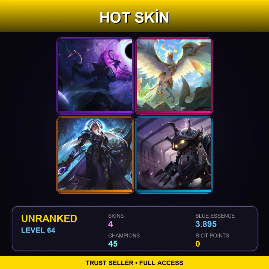EUW | Lv64 | Unranked | 4 Skin | 45 Champ — LoL account