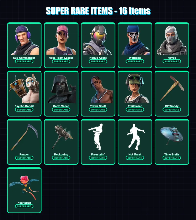 [PC/XBOX/PSN] | Sub Commander | Rose Team Leader | Rogue Agent | Warpaint | Havoc | 291 skin | 260 pickaxe | 197 emote | 209 glider | Lv2618 — Fortnite account