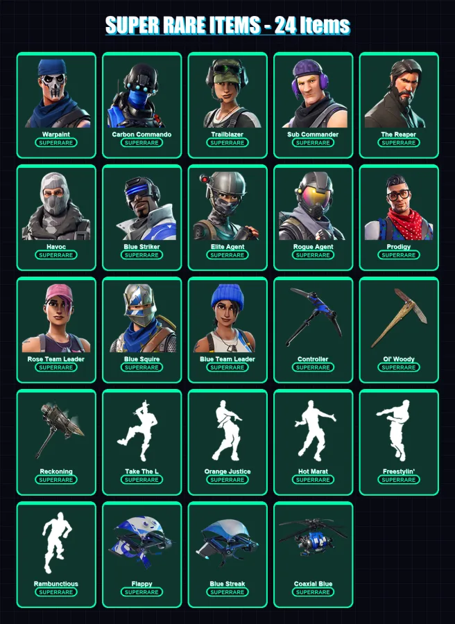 [PC/XBOX/PSN] | Warpaint | Carbon Commando | Trailblazer | Sub Commander | The Reaper | 107 skin | 140 pickaxe | 113 emote | 112 glider | Lv3550